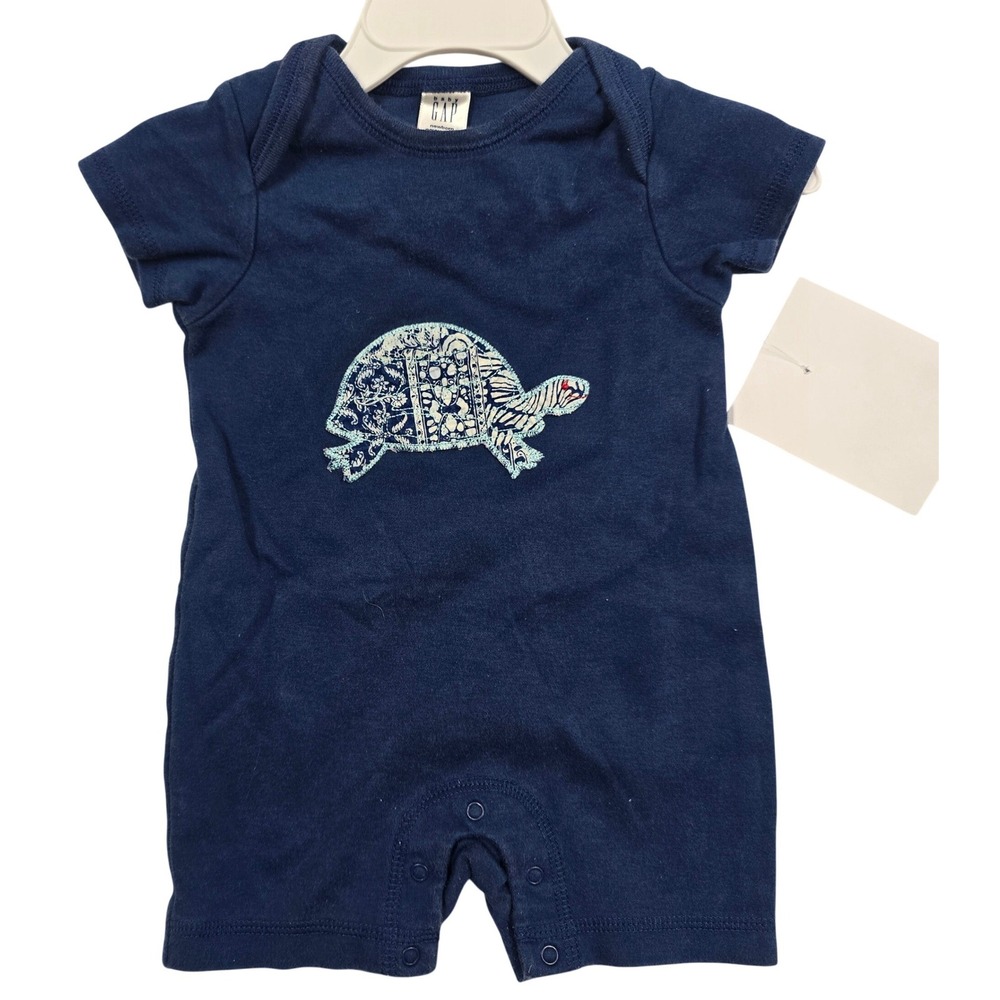 Baby Gap Navy Blue Turtle Batik Patch Short Sleeve Romper 3-6 Stage 2 Cotton VTG